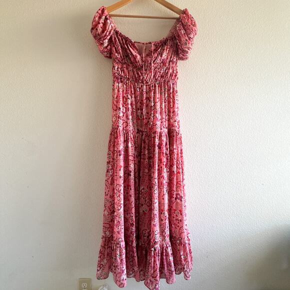 Mango Ruched off shoulder Floral Pink Boho Dress Slit Size 4 - Picture 4 of 11